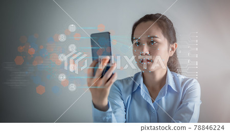 Asian woman scanning face with facial recognition system on smartphone for verify identity, Verify your identity, Biometric verification and face recognition concept. 78846224