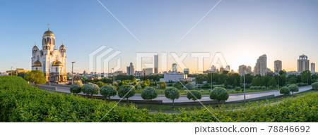 Temple in spring or summer in beautiful orange sunset light. Temple on Blood, Yekaterinburg, Russia 78846692