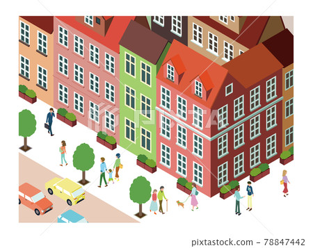 Bright European-style cityscape, walking people Bright European-style cityscape, walking people 78847442
