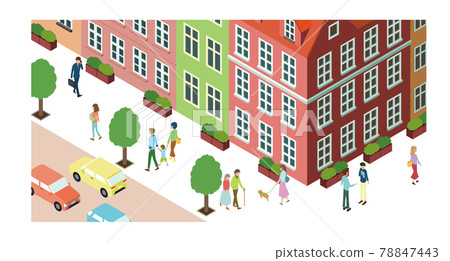 Bright European-style cityscape, walking people Bright European-style cityscape, walking people 78847443