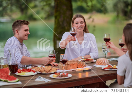 riends toasting red wine glass while having picnic french dinner party 78848384