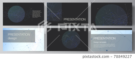 Vector layout of presentation slides design business templates, multipurpose template for presentation brochure, brochure cover, report. Blue medical background with connecting lines and dots, plexus. 78849227