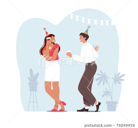 Young Couple Man and Woman Holding Glasses with Beverages Celebrating Holiday Drinking Alcohol Cocktail Flirting 78849459