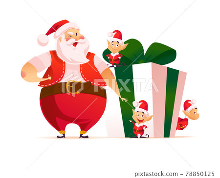 Merry Christmas illustration with smiling Santa Claus and hi little elves at big gift box isolated.  78850125