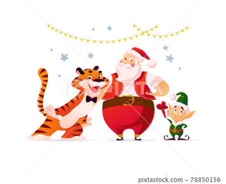 Merry Christmas illustration with Santa Claus, tiger mascot and elf celebrate isolated. 78850156