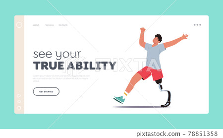 Disabled Athlete Character Run Training Landing Page Template. Sportsman with Bionic Leg Prosthesis Jogging Exercises 78851358