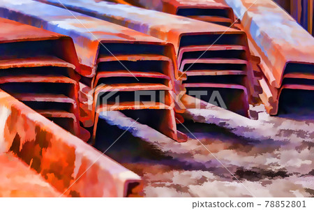 Stacks of prefabricated, rusty, metal piles. 78852801