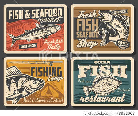 Fish and seafood, fishing sport retro posters Fish and seafood, fishing sport retro posters 78852908