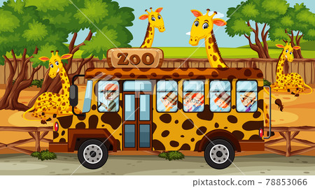 Safari scene with many giraffes and kids on tourist bus 78853066
