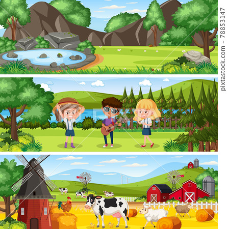 Different nature landscape at daytime scene with cartoon character 78853147