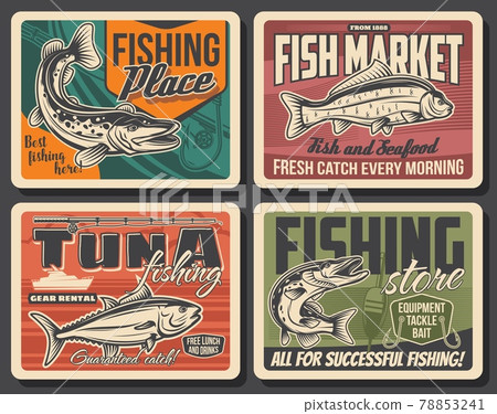 Fishing sport posters with fish, fisherman tackle 78853241
