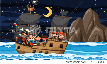 Ocean scene at night with Pirate kids on the ship 78853381