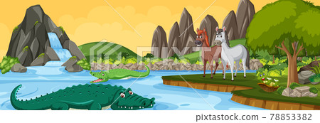 Panorama landscape scene with various wild animals in the forest Panorama landscape scene with various wild animals in the forest 78853382