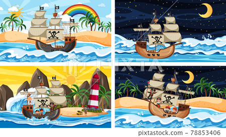 Set of different beach scenes with pirate ship and pirate cartoon character 78853406