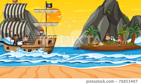 Treasure Island scene at sunset time with Pirate kids 78853407
