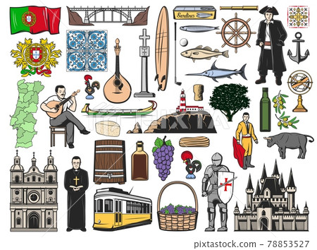 Portugal vector icons, Portuguese travel landmarks 78853527