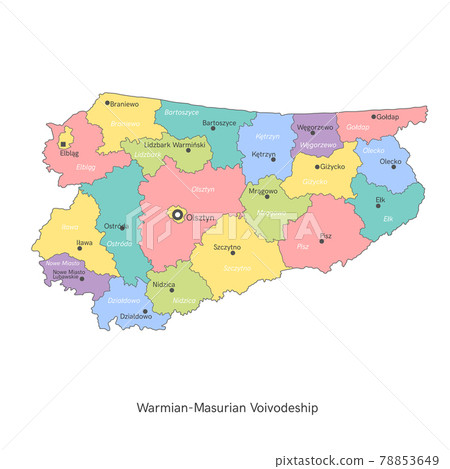 vector illustration: administrative map of Poland. Warmian-Masurian Voivodeship map with gminas vector illustration: administrative map of Poland. Warmian-Masurian Voivodeship map with gminas 78853649