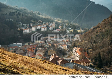 Beautiful and small town of Ribes de Freser in Catalonia, Spain. View of the village from above from the mountain Beautiful and small town of Ribes de Freser in Catalonia, Spain. View of the village from above from the mountain 78854410