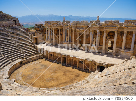 Hierapolis, Pammukale, Turkey. Ancient amphitheater. Panoramic landscape in the daytime. Hierapolis, Pammukale, Turkey. Ancient amphitheater. Panoramic landscape in the daytime. 78854560