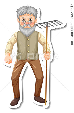 Sticker template with a gardener old man holds rake gardening tool isolated Sticker template with a gardener old man holds rake gardening tool isolated 78854812
