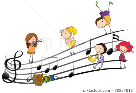 Musical melody symbols with many doodle kids cartoon character 78854818