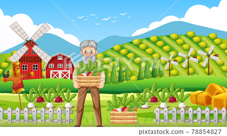 Farm scene with old farmer man and farm animals - Stock Illustration ...