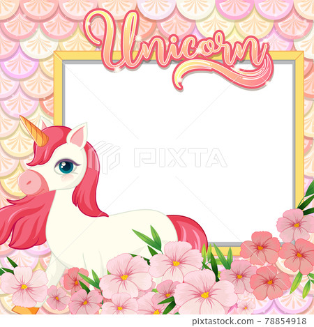 Empty banner with cute unicorn cartoon character on pastel mermaid scales Empty banner with cute unicorn cartoon character on pastel mermaid scales 78854918