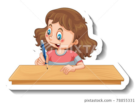Sticker template with a girl writing on the table cartoon character isolated Sticker template with a girl writing on the table cartoon character isolated 78855331