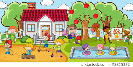 Outdoor scene with many kids playing in the park 78855372