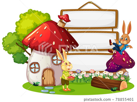 Blank banner in the garden with two rabbits isolated Blank banner in the garden with two rabbits isolated 78855401