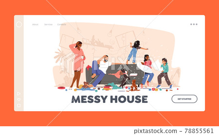 Father and Mother Shocked with Home Mess Landing Page Template. Naughty Hyperactive Children Characters Fighting 78855561