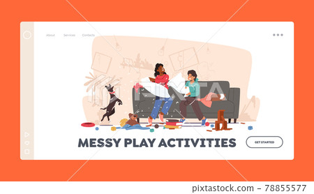 Messy Play Activities Landing Page Template. Naughty Hyperactive Children Characters Fighting on Pillows Making Mess Messy Play Activities Landing Page Template. Naughty Hyperactive Children Characters Fighting on Pillows Making Mess 78855577