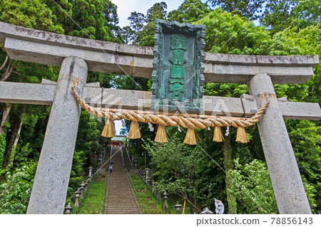 Looking up at the Omotesaka stairs and torii on the Omotesando of Shiogama Shrine 78856143