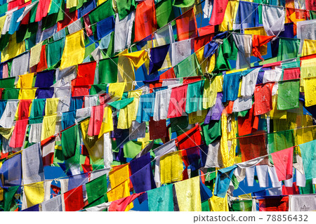 Buddhist prayer flags lunga in McLeod Ganj, Himachal Pradesh, India 78856432