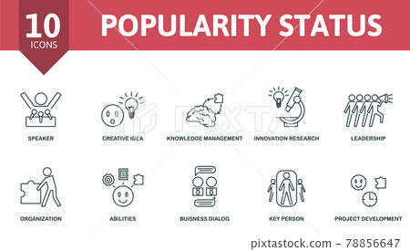 Popularity Status icon set. Contains editable icons reputation management theme such as speaker, knowledge management, leadership and more. Popularity Status icon set. Contains editable icons reputation management theme such as speaker, knowledge management, leadership and more. 78856647