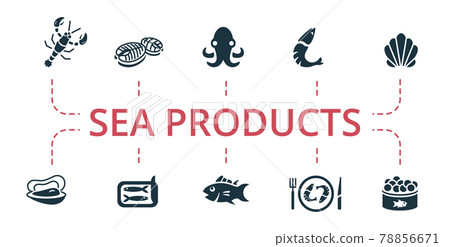 Sea Products icon set. Contains editable icons seafood theme such as fish steak, oyster, tuna and more. Sea Products icon set. Contains editable icons seafood theme such as fish steak, oyster, tuna and more. 78856671