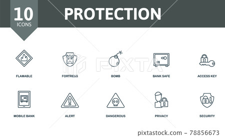 Protection icon set. Contains editable icons security theme such as flamable, bomb, access key and more. Protection icon set. Contains editable icons security theme such as flamable, bomb, access key and more. 78856673