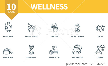 Wellness icon set. Contains editable icons spa therapy theme such as facial mask, candles, lotus and more. 78856725