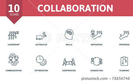 Collaboration icon set. Contains editable icons teamwork theme such as leadership, skills, progress and more. Collaboration icon set. Contains editable icons teamwork theme such as leadership, skills, progress and more. 78856748