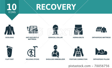 Recovery icon set. Contains editable icons trauma rehabilitation theme such as scoliosis, cervical collar, orthopedic mattress and more. 78856756