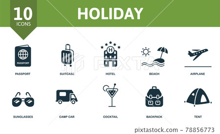 Holiday icon set. Contains editable icons vacation theme such as passport, hotel, airplane and more. 78856773