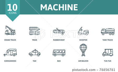 Machine icon set. Contains editable icons vehicle theme such as crane truck, rubber boat, tank truck and more. Machine icon set. Contains editable icons vehicle theme such as crane truck, rubber boat, tank truck and more. 78856781
