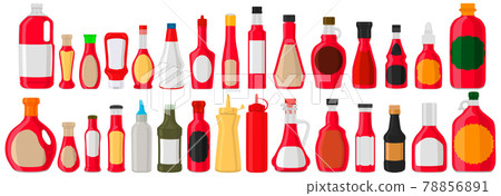 Illustration on big kit varied glass bottles filled liquid cranberry sauce 78856891