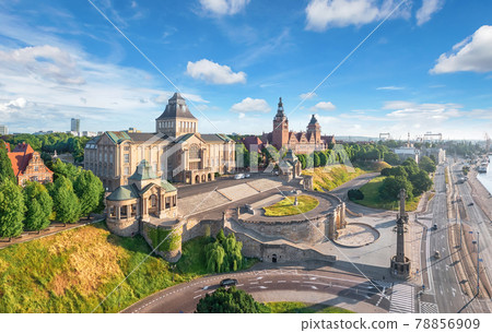 Szczecin, Poland. Aerial view of historic buildings on the bank of Oder river 78856909