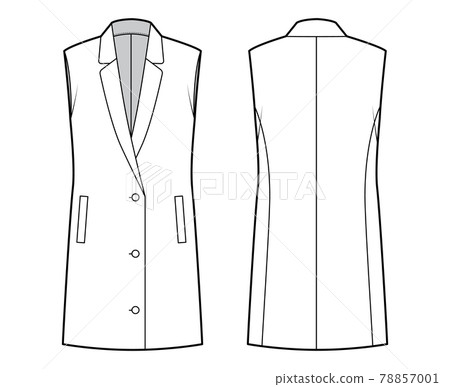 Sleeveless jacket lapelled vest waistcoat technical fashion illustration with button-up closure, pockets, oversized Sleeveless jacket lapelled vest waistcoat technical fashion illustration with button-up closure, pockets, oversized 78857001