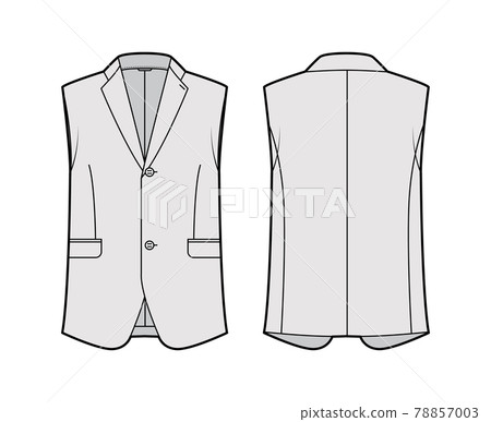 Sleeveless jacket lapelled vest waistcoat technical fashion illustration with single breasted, button-up closure, pocket Sleeveless jacket lapelled vest waistcoat technical fashion illustration with single breasted, button-up closure, pocket 78857003
