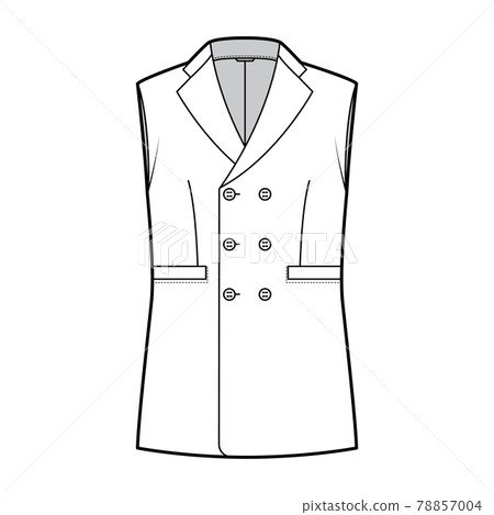 Sleeveless jacket lapelled vest waistcoat technical fashion illustration with double breasted, button-up closure, pocket Sleeveless jacket lapelled vest waistcoat technical fashion illustration with double breasted, button-up closure, pocket 78857004