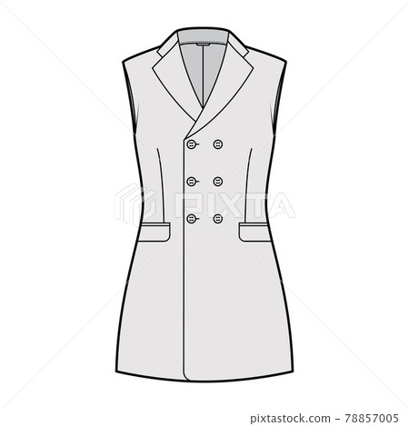 Sleeveless jacket lapelled vest waistcoat technical fashion illustration with double breasted fitted body, pockets. Flat 78857005