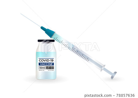 Vaccine bottle and syringe for injection against corona isolated on white background. Covid-19 vaccine vial to stop pandemic coronavirus. Time to vaccinate concept. Vector illustration Vaccine bottle and syringe for injection against corona isolated on white background. Covid-19 vaccine vial to stop pandemic coronavirus. Time to vaccinate concept. Vector illustration 78857636