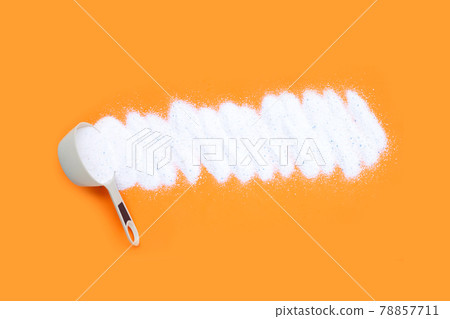 Detergent powder with measuring spoon for clothes washing. Laundry concept. 78857711